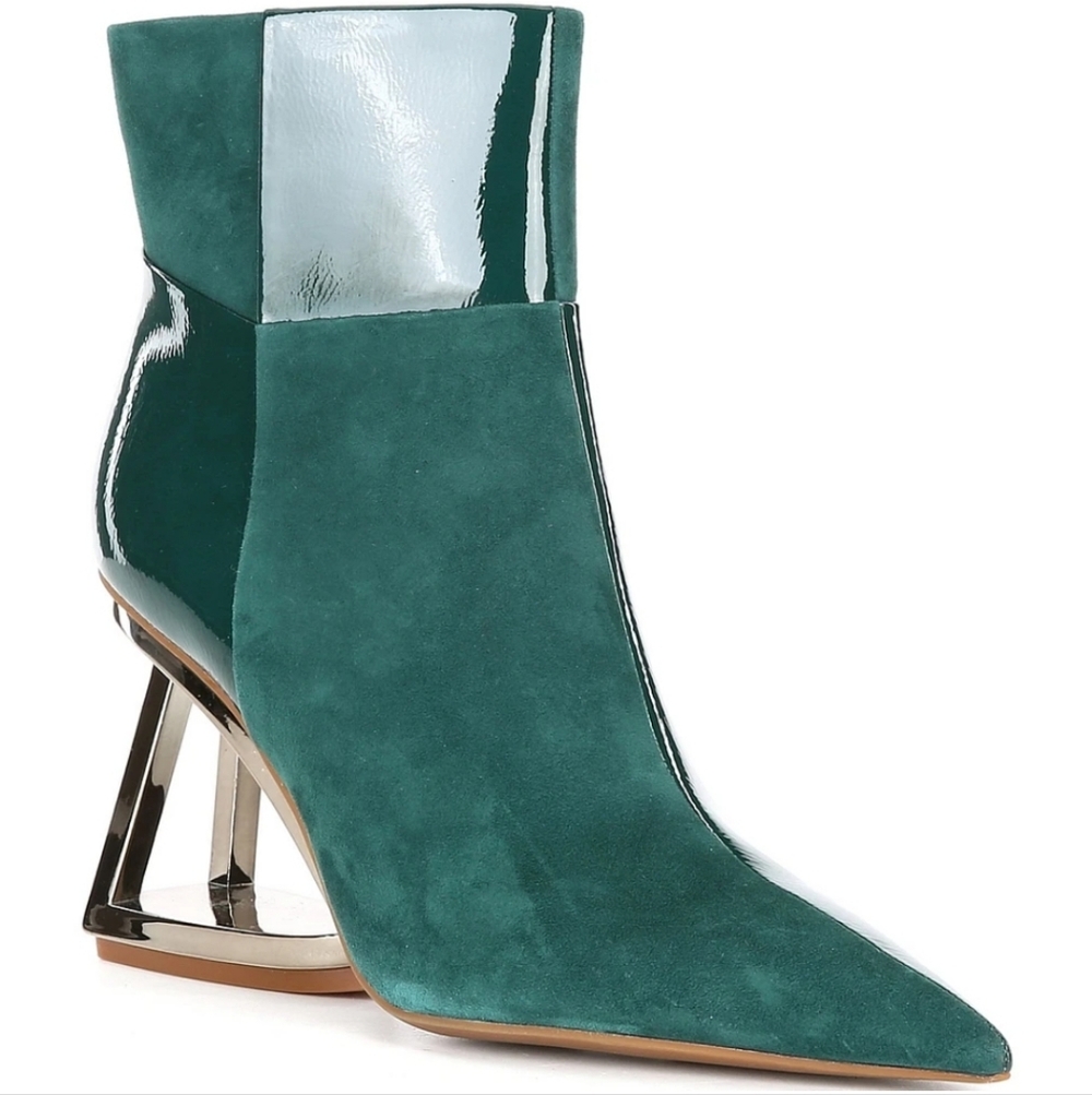 Gianni Bini Green Patent & Suede Mod Ankle Boots, Sculptural Silver Heel Sz 5.5